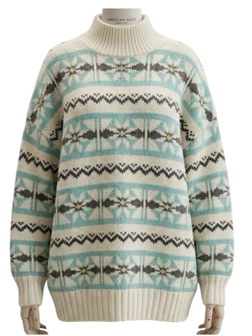 American Eagle Outfitters Cream and Teal Nordic Fair Knit Sweater size small ski